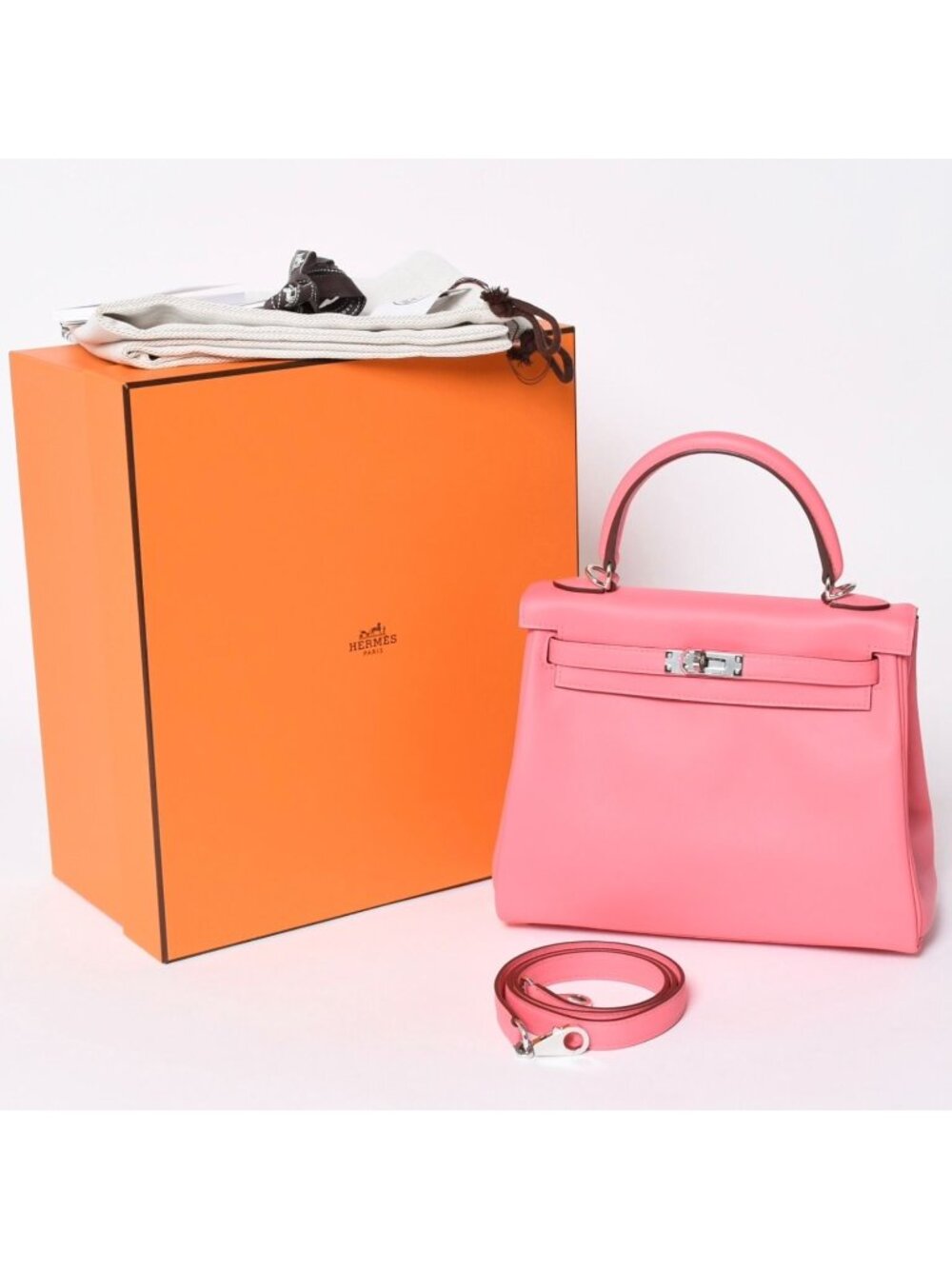 Hermes Kelly 25 2-Way Shoulder Bag Veau Swift Rose Azalea Silver